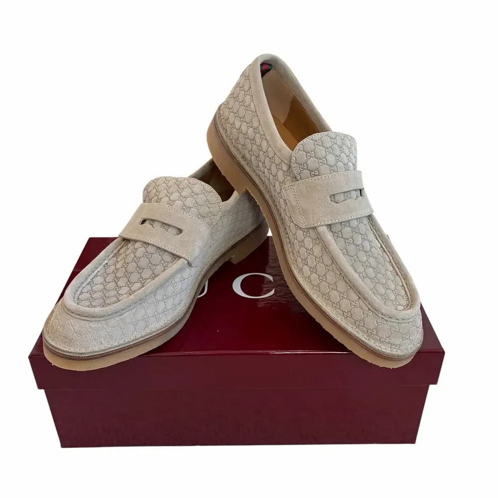 Gucci Web GG Monogram Suede Loafers Beige 831289 Mens 11.5 US 12 NEW
